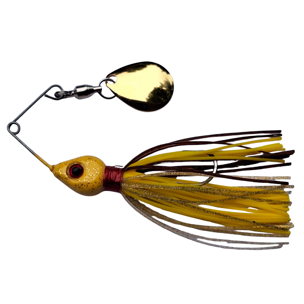 Fishing lure with yellow and black skirt on a white background